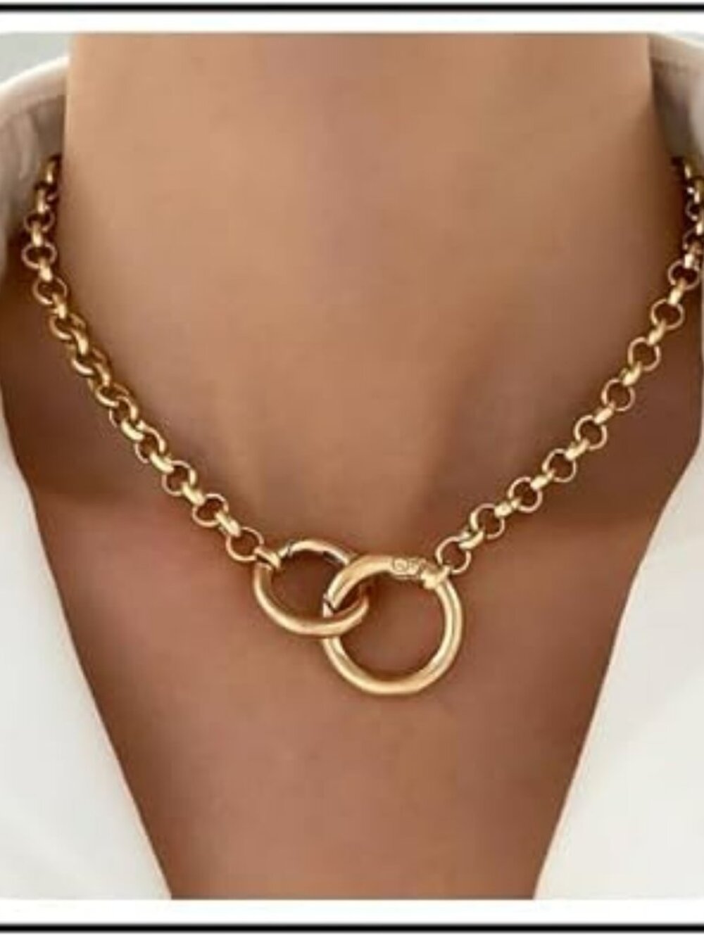 Gold Chunky Choker Necklace Interlocking Circle Pendant Double Infinity Circle